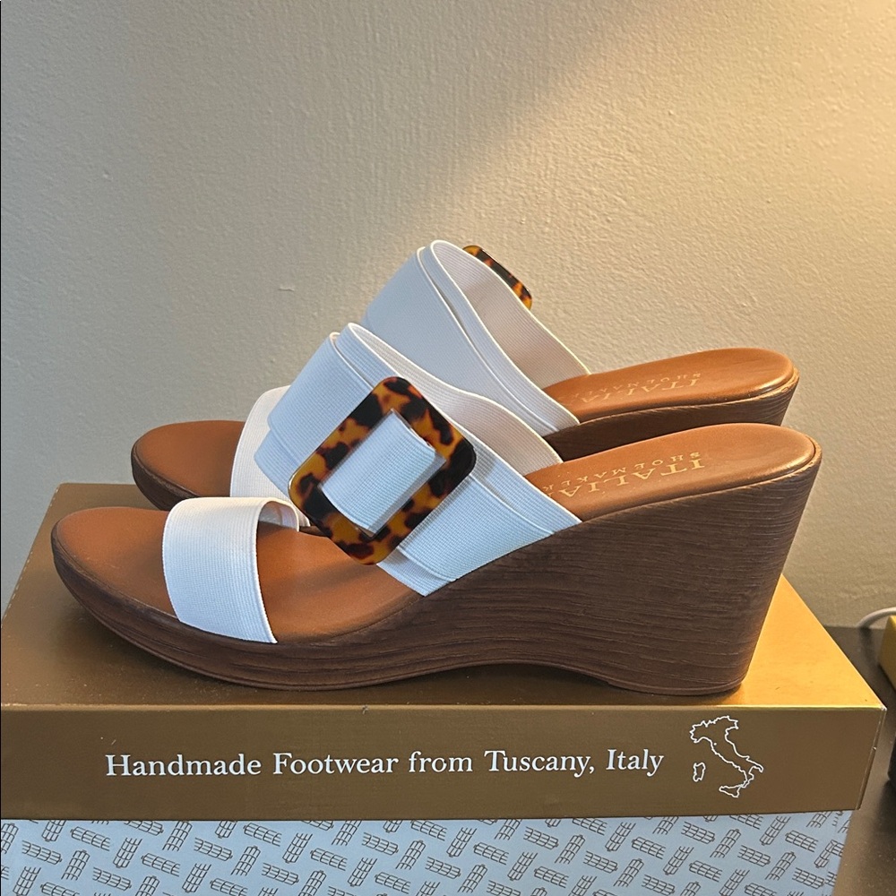 Italian Shoemakers White and Brown Wedge Sandals